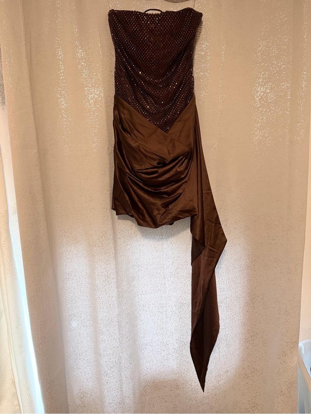 Strapless Brown Mini Dress with Draped Sash and Beaded Bodice